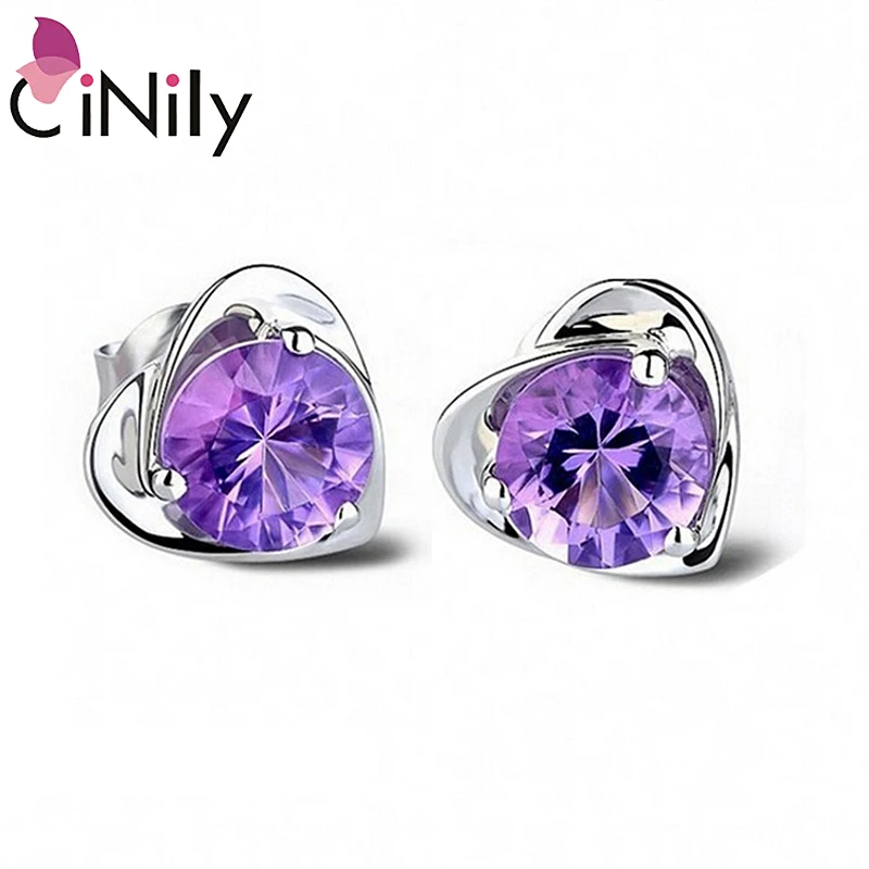 

CiNily Classic Heart Stud Earrings Solid 925 Sterling Silver Violet Purple Mini Earring With Stone Jewelry Best Gifts for Woman