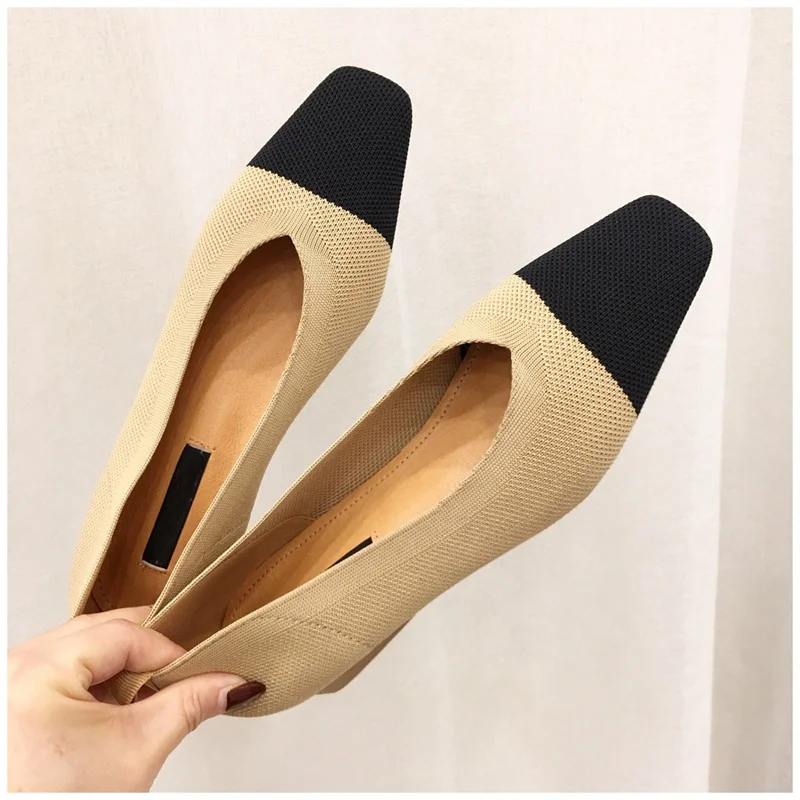 Bailehou New Female Slip On Flat Loafers Stretch Fabric Casual Flat Shoes Square Toe Shallow Ballet Flats Shoes Women Boat Shoes