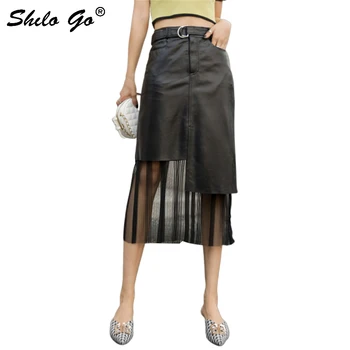 

Genuine Leather Skirts Elegant Highstreet Mesh Pleated Hem Long Skirt Women Autumn Buckle Belted Office Lady Pencil Skirt Female