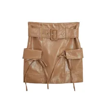 Faldas Mujer Moda, осенняя и зимняя мини-юбка с высокой талией, Элегантная короткая юбка из искусственной кожи с ремнем на пуговицах, Женская юбка