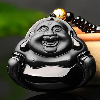 

Black Obsidian Necklace Pendant Chinese Maitreya Feng Shui Always Smile, Happy Everyday Natural Gemstone Jewelry Mens Vintage