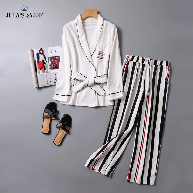 

JULY'S SYJJF Spring 2 Pieces Female V-neck Long Sleeve Striped Trousers Cotton Pajamas Set Women Pajamas Autumn Home wear