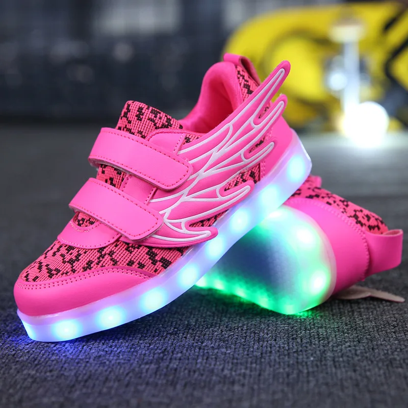 

Autumn Listed Colorful LED Luminous Shoes Children Wing deng xie Fly Woven Luminous Shoes Velcro Ghost Step Dance Shoes