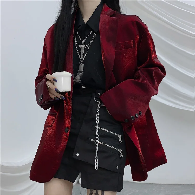 Spring Autumn Streetwear Women Harajuku Punk Style Wine Red Single Breasted Long Sleeve Casual Fashion Gothic Coat | Женская одежда