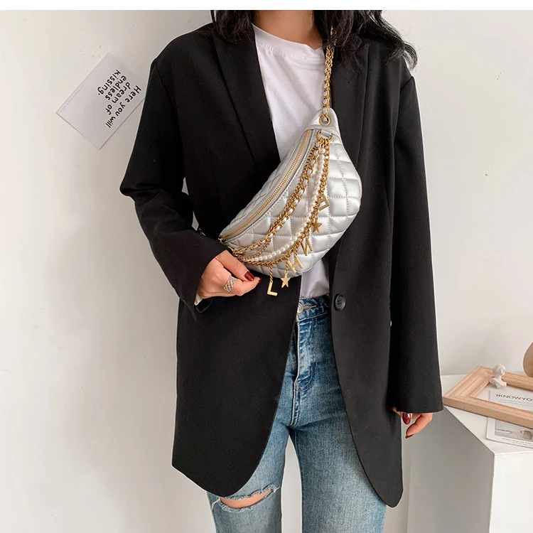 Small Bag Women New Fashion Korean Versatile Messenger Bag Pearl Chain Waist Bag Gold Letter Tassel Chest Bag Nightclub Bag