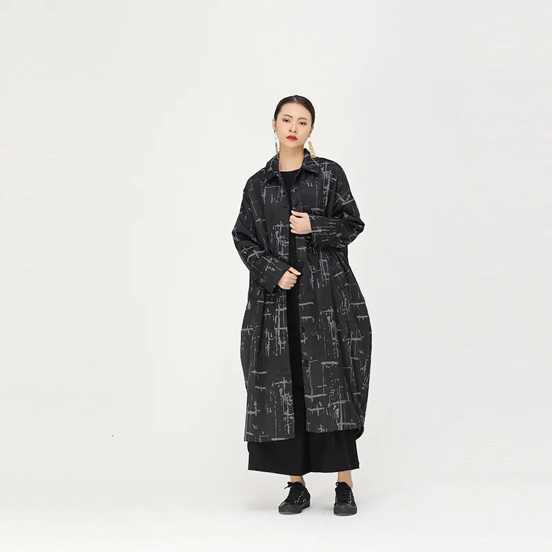 [EAM] Women Pattern Printed Big Size Long Trench New Lapel Long Sleeve Loose Fit Windbreaker Fashion Autumn Winter 1K466