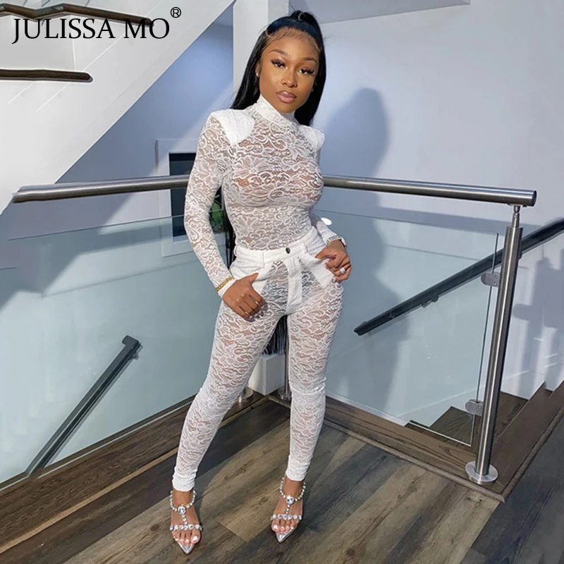 

JULISSA MO Sheer Lace See Through Women Set Two Piece Mesh Long Sleeve Jumpsuit Long Pants Outfits Casual Skinny Party Tracksuit