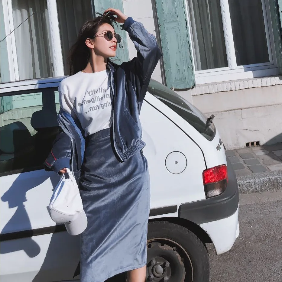 

Photo Shoot CHIC Super Fire Contrast Color Velvet Stand Collar Jacket Baseball Uniform Coat Women's High-waisted Slit Skirt Two-