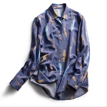

100% Silk Women's Shirt Turn Down Collar Long Sleeves Fashion Casual Blouse Shirt Tops