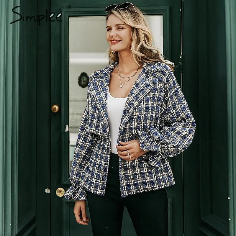 low cost  Simplee Elegant women plaid tweed jacket coat Lantern sleeve streetwear female outwear coat Elastic