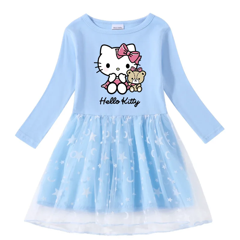 thumbnail image 1 of Hello Kitty Girl vestido dulce de algodón primavera y otoño nueva falda de princesa de manga larga con estampado de dibujos animados para niños estrella Luna red hilo, 1 of 5