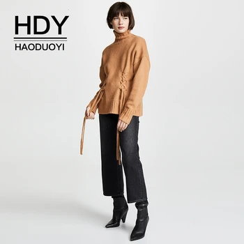

HDY Haoduoyi Women Solid Long Sleeve Turtleneck Casual Super Comfy Dailywear Warm Soft Lace Up Pullover Autumnt Sweater