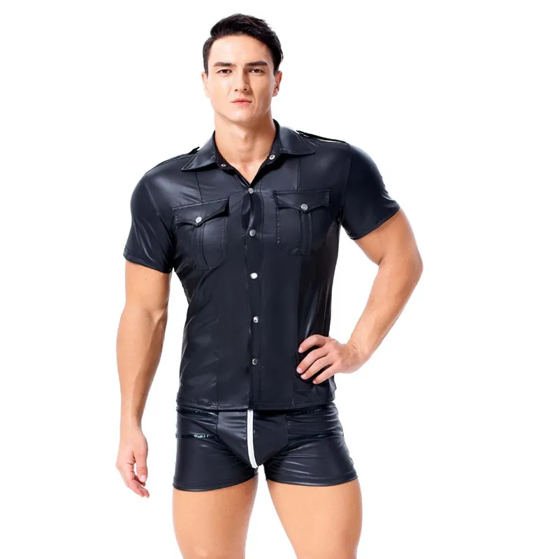 Men PU Faux leather Moto T Shirts hot Sexy Wetlook Fitness Latex Tops Gay Shirts Mens Stage Shirt Casual Party Clubwear costumes