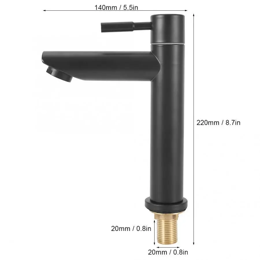 

Household Bathroom Stainless Steel Black Basin Faucet Single Cold Water Tap Male Thread G1/2in Widen Waterfall Type Sink Faucet