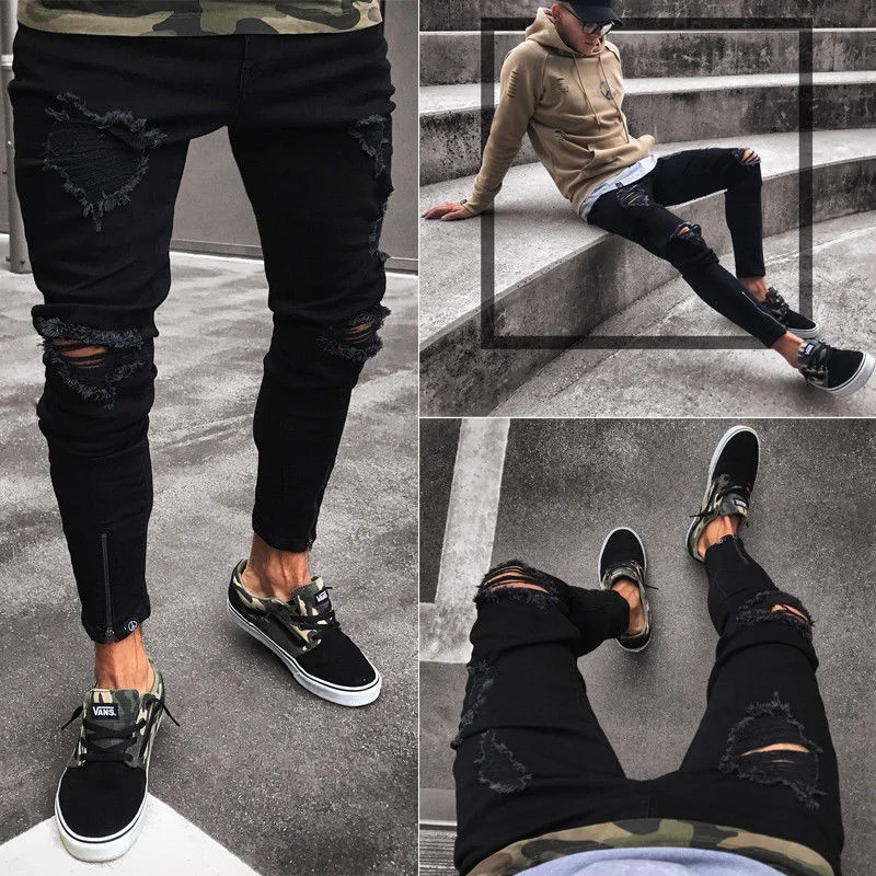 Мужские модные черные джинсы скинни рваные стрейч брюки мужские облегающие хип-хоп брюки с дырками стиль подростков уличная - Цвет: Черный
