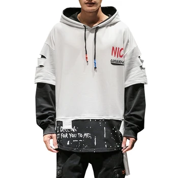 

Men's fake two-piece print hooded sweatshirt Hip Hop Street-wear Fashion Outwear Casaul Sweatshirt Coat Hand Panting Homme 5XL