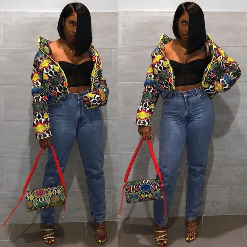 

Women 2020 Winter Snake-patterned Coat Bright Printing and Dyed Bread Clothing To Keep Warm Comfortable Outdoor Windproof Jacket