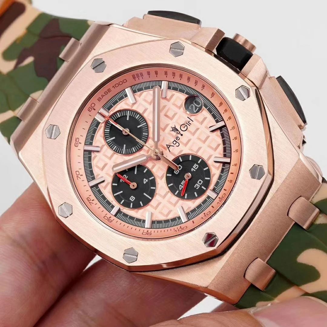 Luxury Brand New Men Watches Chronograph Sapphire Stainless Steel Camouflage Rubber Rose Gold Silve
