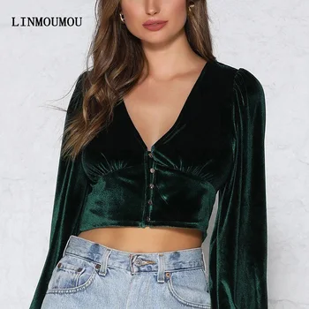 

Casual Fashion Short Tops Velvet T-Shirt Femme V-Neck Button Long Sleeve T Shirt Women Puff Sleeve Loose Solid Woman Tshirt