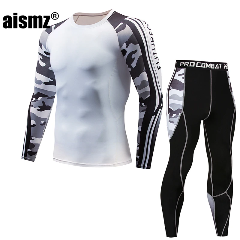 Aismz Тактический ММА rashguard с длинными рукавами Для мужчин фитнес комплект компрессионный спортивный костюм комплект детской одежды Для мужчин moleton Masculino, комплект из 2 предметов - Цвет: AZ2007B