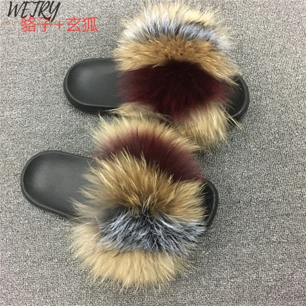 fox fur slippers Тапочки с натуральным мехом; женские домашние пушистые шлепанцы с мехом лисы; Летняя обувь на плоской подошве; Милая женская обувь; большой размер 45; домашняя обувь; Pantufas - Цвет: fox fur slippers