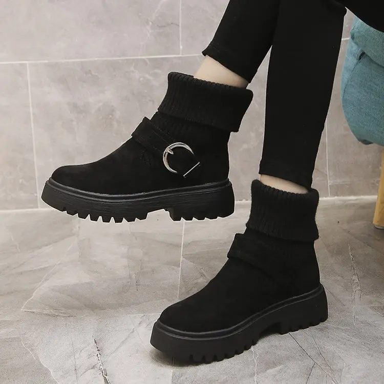 LZJ г. Новые модные зимние ботинки на платформе женская обувь черные ботинки на шнуровке замшевые ботильоны без застежки с пряжкой, botas Mujer