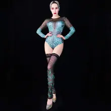 Напечатанные Стразы боди леггинсы Женская танцевальная певица вечерняя одежда Пром сцена бар День Рождения Праздновать наряд комбинезон