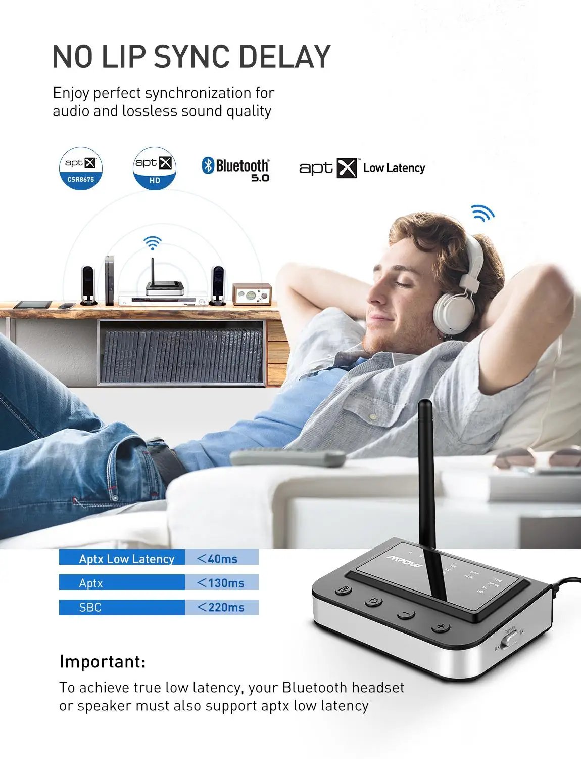 Mpow BH262 3 в 1 Bluetooth 5,0 беспроводной аудио передатчик приемник Поддержка APTX APTX-LL APTX HD Оптический RCA 3,5 мм для ТВ ПК дома