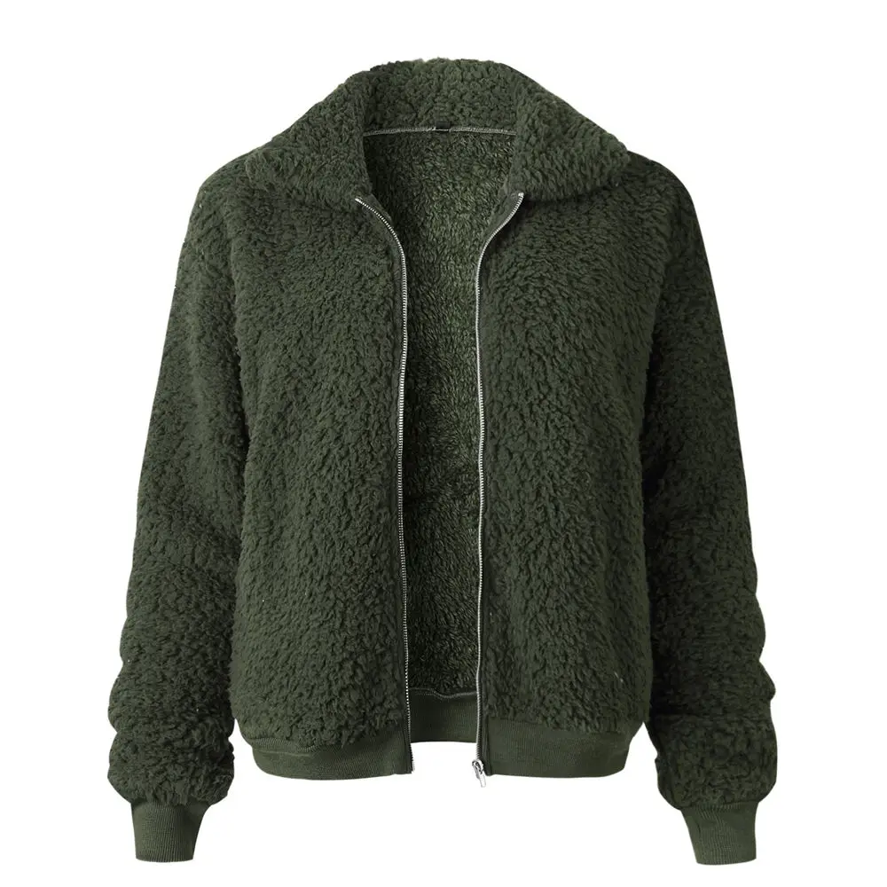 army green Плюшевое флисовое короткое пальто женский шерпа на молнии кардиган двухстороннее искусственное меховое пушистое пальто женская зимняя Осенняя уличная одежда - Цвет: army green