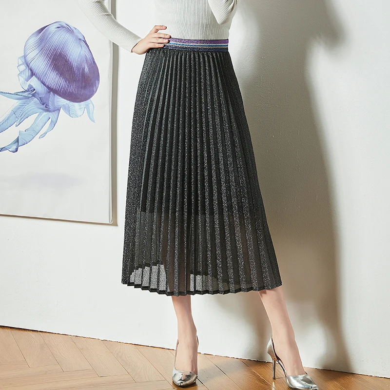 

Gauze Skirt Glitter Long style 2019 Autumn and Winter New Style Skinny black High waist Pleated skirt