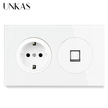 

UNKAS 16A EU Standard Port + Female RJ45 Internet Computer Jack Wall Socket 146MM*86MM Luxurious Crystal Glass Panel Outlet