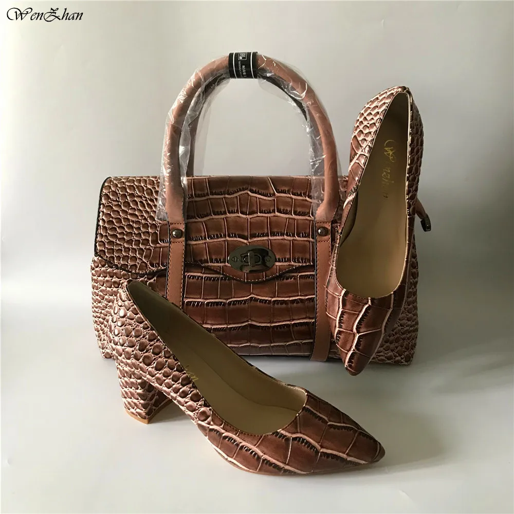 

WENZHAN Very Pretty Thick Big Heels Soft Shoes 7cm Matching Brown Snake Leather Women Handbag Sac sets larger size 36-43 A98-22