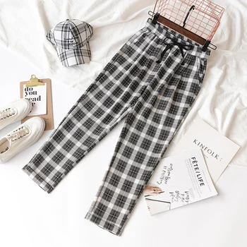 

Harajuku Style 2019 New Summer Casual Loose Line Ankle-length Pants Women's Plaid Fashion Harem High Waist Pants Plus Size 3xl