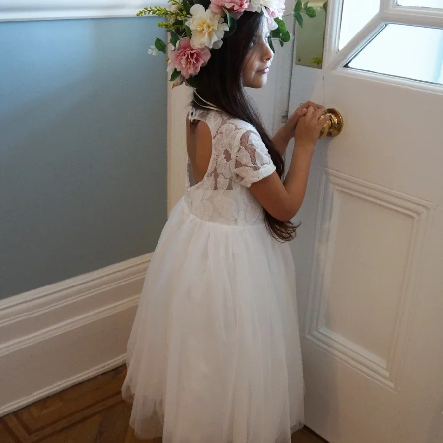 Vestidos De Comunion/ Платья с цветочным узором для девочек, кружевные платья для причастия из тюля, вечерние платья с короткими рукавами