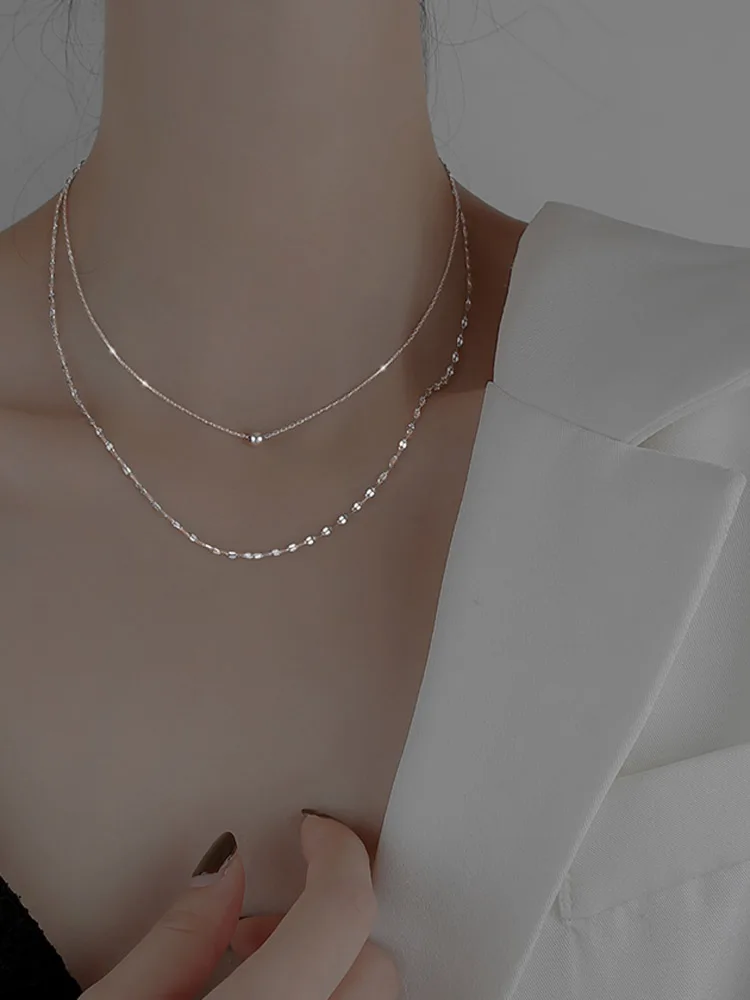 Silver Necklace 925 Sterling Silver Double Layer Necklace Round Bead Chain Cute Choker Wedding Gift For Girl Fine Jewelry NK080 Pendant Necklace Silver Necklace Charms