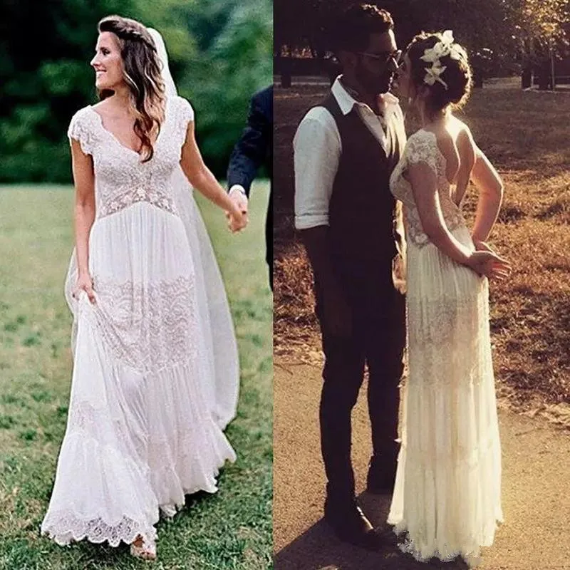 

Vintage Boho Lace Wedding Dresses V Neck Bohemian Bridal Gowns A Line Floor Length Backless Country Wedding Dress Custom Made