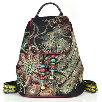 

New original national style shoulder women's bag, embroidery bag, embroidered peacock canvas shoulder women's backpack