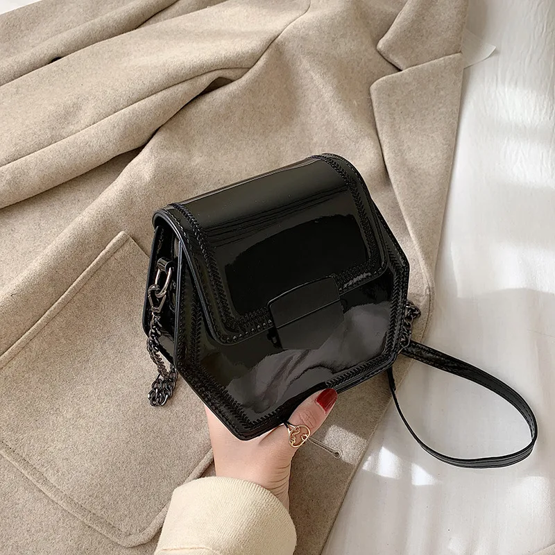 

Patent Leather Hexagon New Arrival Textured Bag Women's 2019 Korean-style New Style Fashion Network Red Bag Chain Crossbody Bag