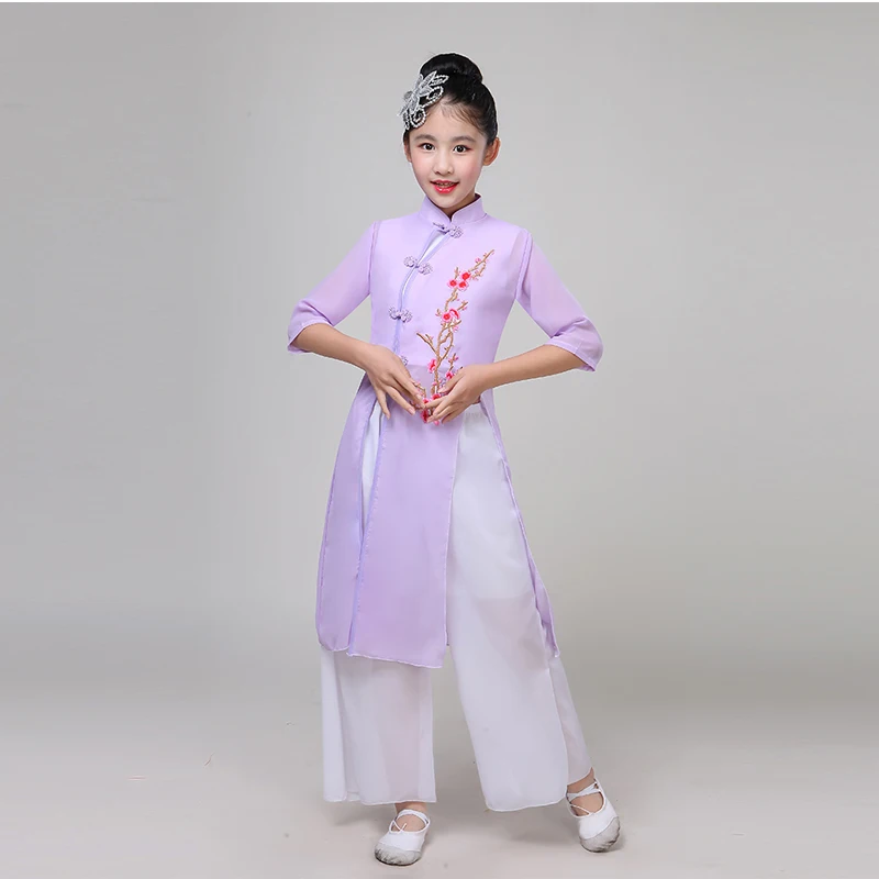 Tanie Dla dzieci klasyczne wentylator sukienka do tańca dziewczyna Yangko taniec Costuem parasolka dziecięca taniec wydajność kostium chiński taniec ludowy tkaniny