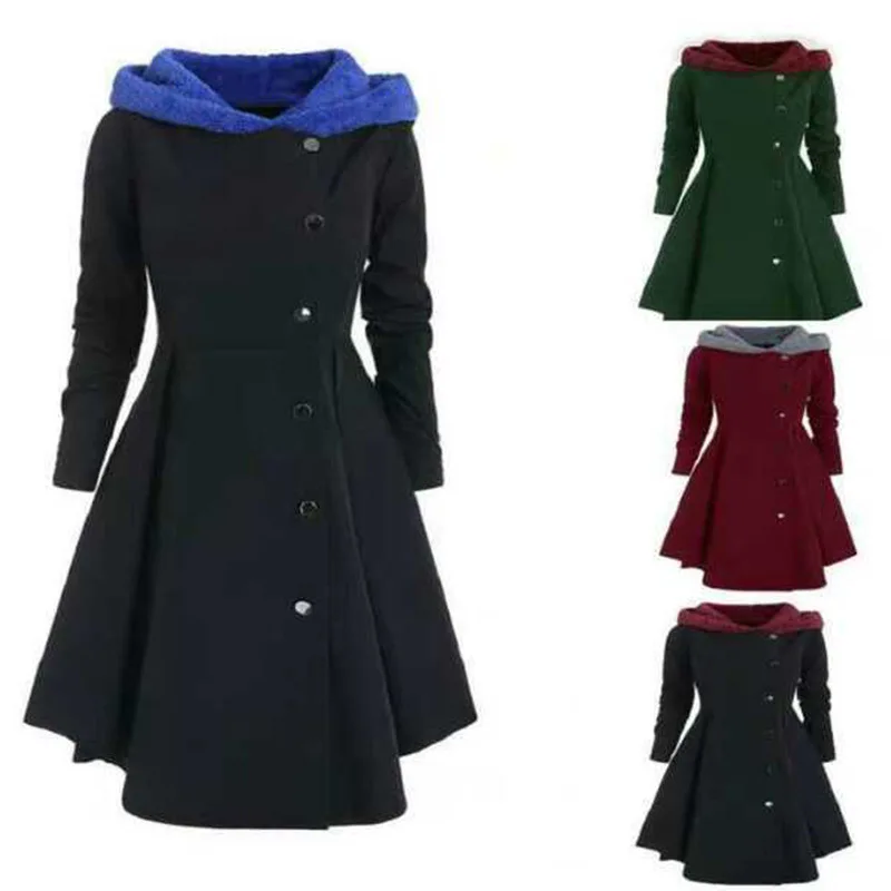 

2019 Autumn & Winter WOMEN'S Dress New Style Mid-length Slim Fit Hooded Solid Color Big Hemline Trench Coat