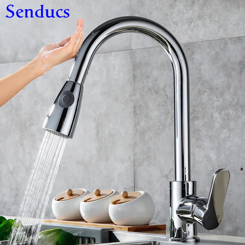 Хромированный сенсорный кухонный смеситель Senducs Pull Down сенсорный кухонный смеситель из нержавеющей стали кухонный кран трогательный смеситель для ванной комнаты