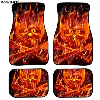 

INSTANTARTS Skull Fire Printed Cool Universal Auto Car Foot Mats Set Auto Interior Styling Non Slip Front Car Floor Carpet Cover