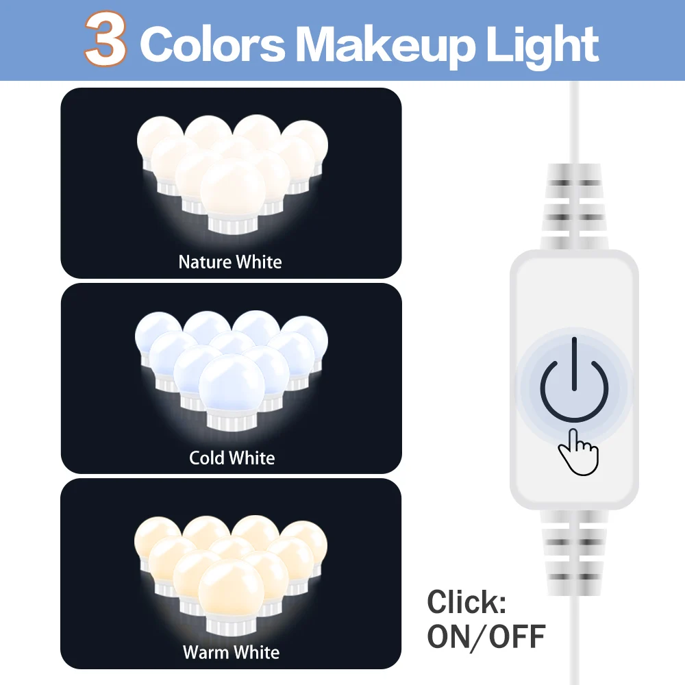

3-Color Mode Touch Dimmable Makeup Vanity Light String Led Dressing Table Mirror Wall lamp USB 12V Bathroom Bedroom Mirror Bulb
