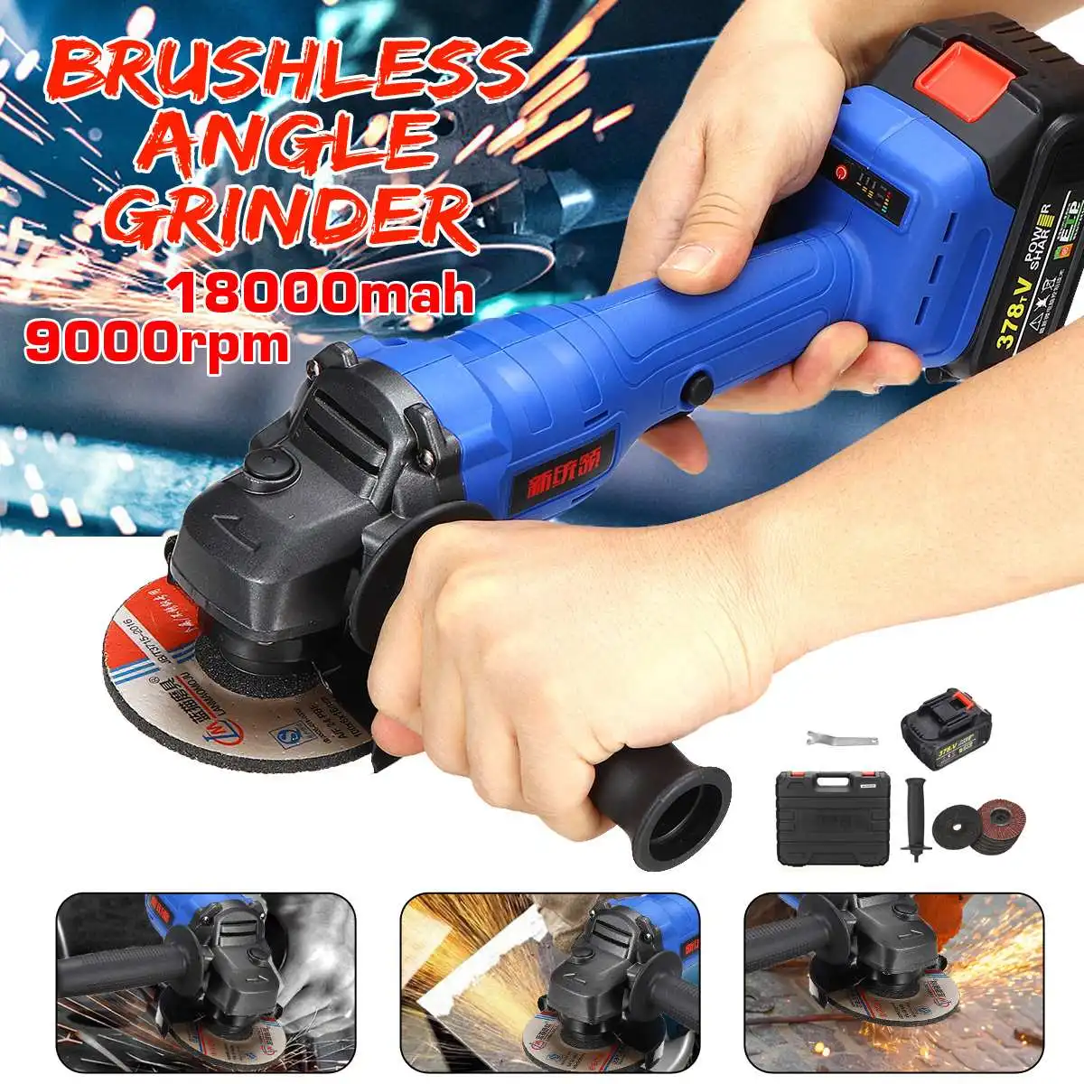 

18000mah 9000rpm Cordless Electric Angle Grinder Polishing Machine Brushless Angle Grinder Cutting Tool with Battery& Charger