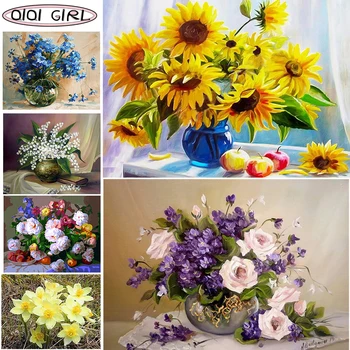 

QIQI 5D Diamond Painting Full Drill Round Flower Cross Stitch Kit Mosaic Diamond Embroidery Sunflower Rose Home Decoration
