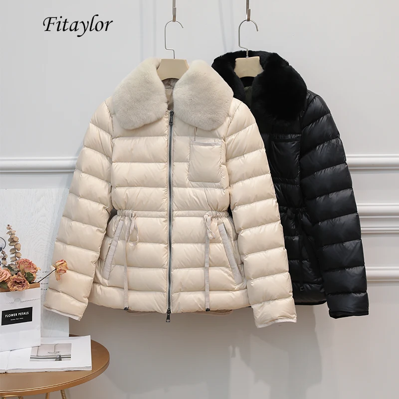 Kopen Fitaylor Winter Ultra Licht 90% Eend Donsjack Vrouwen Grote Natuurlijke Konijn Haar Witte Eendendons Parka Sash Tie up Warme Jassen