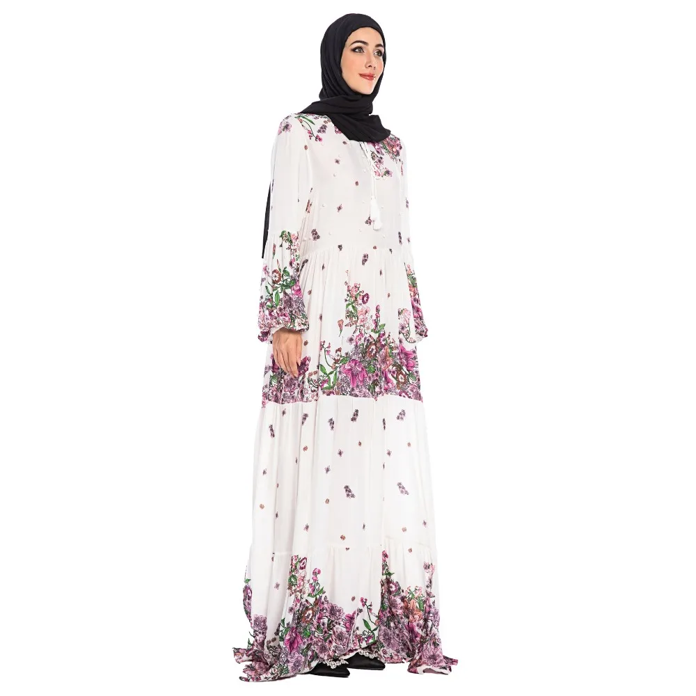 Элегантные мусульманский цветочный принт Абаи Maxi Dress Vestidos с длинными халаты кимоно Рамадан ИД Исламской сайт Tesettur Elbise ноги Услуги