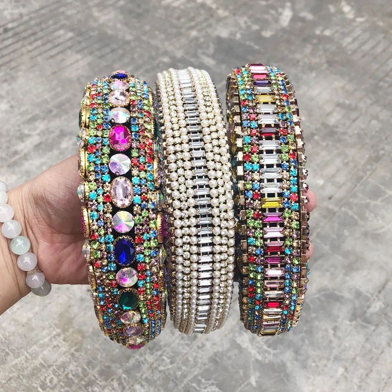 

Luxury Baroque Sparkly Padded Rhinestones Headbands Full Crystal Hairbands Wide Headwear White Hair Accessories For Girl