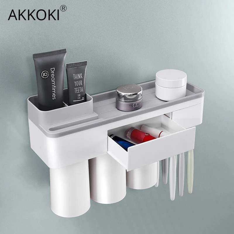Toothbrush Holder with Cup Bathroom Accessories Toothpaste Storage Organizer Glass for Toothbrushes Shelf Magnetic Adsorption | Дом и сад