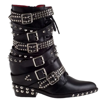

100% Real Leather Buckle Strap Rivet Motocycle Ankle Boots Women Luxury Brand Punk Pointed Toe Lace Up Wedge Boots Black